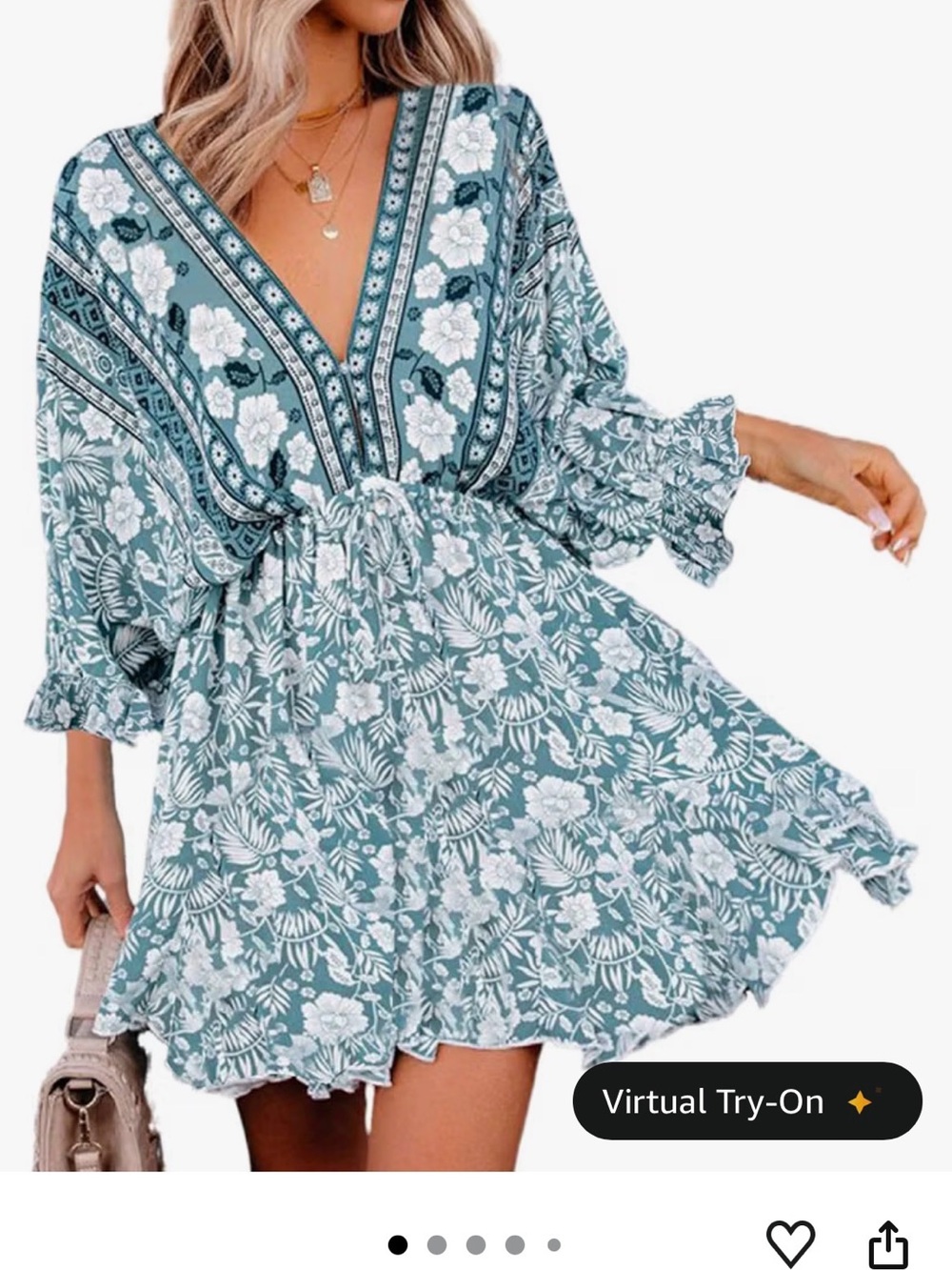Teal Floral V-Neck Drawstring Mini Dress